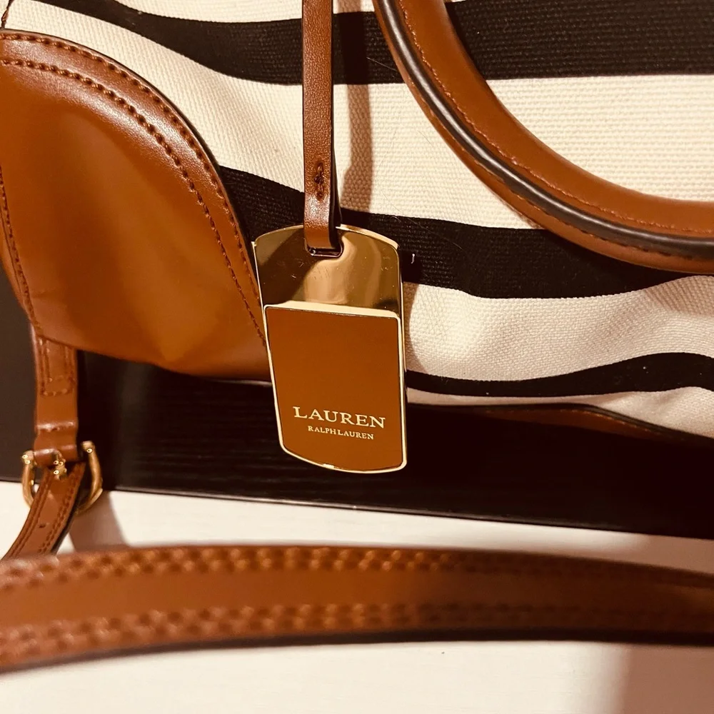 Lauren Ralph Lauren Striped Canvas Leather Trim Satchel - Picture 5 of 9